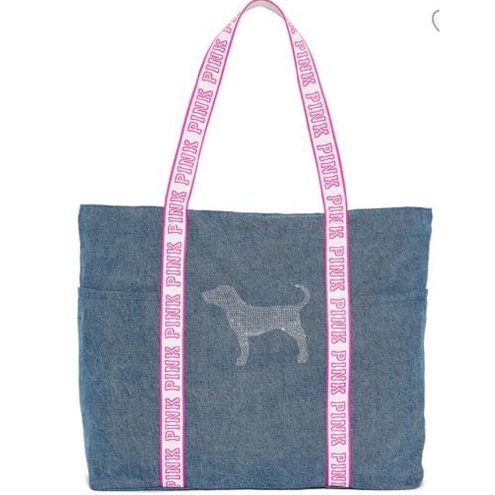 Victoria's Secret PINK Denim Diamanté Tote Bag Rhinestone Dog Logo Blue Pink